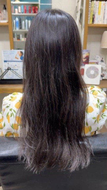 細く柔らかい黒髪ロングで表面のパヤつきと毛先の散りが見える施術前