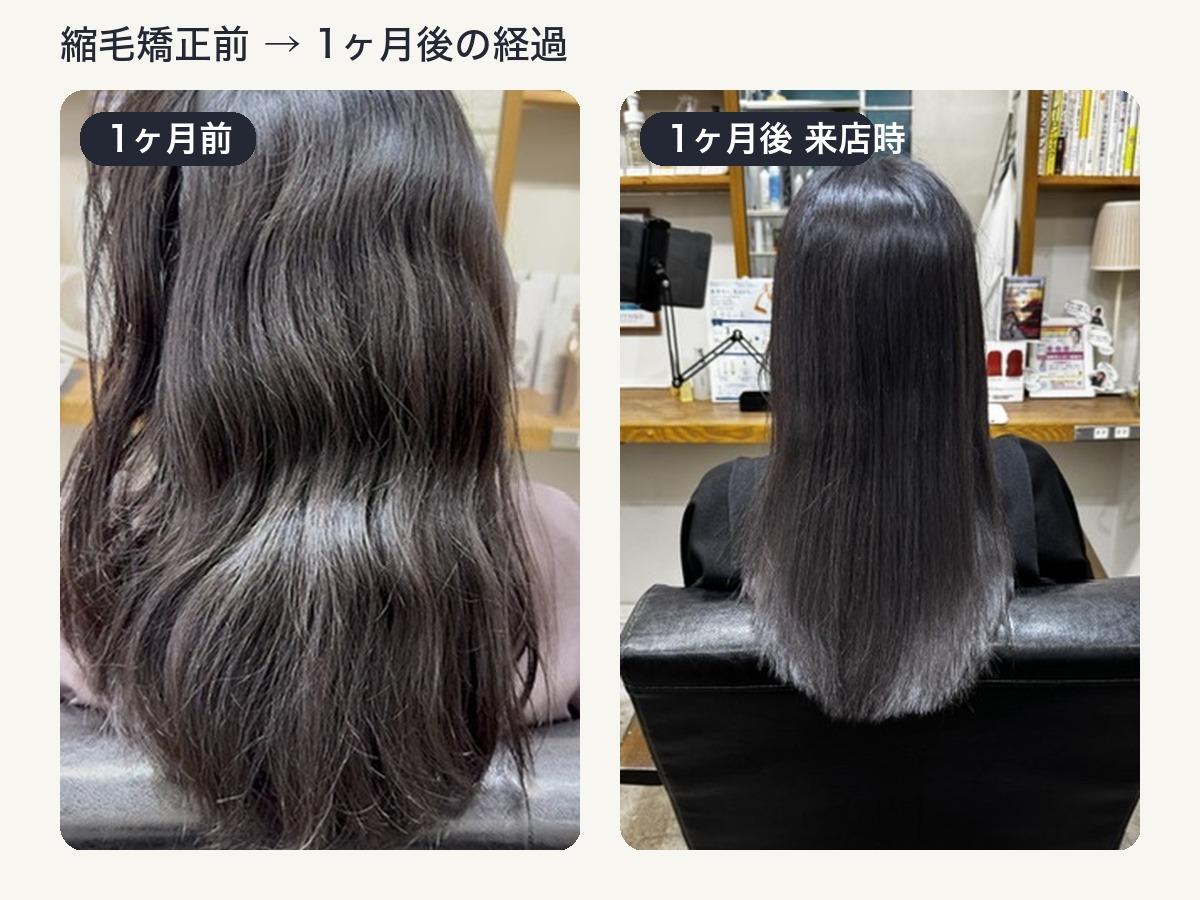 縮毛矯正前と1ヶ月後の来店時を比較した黒髪ロングの経過写真